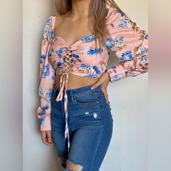 CBR Beautiful Blush Pink Floral Lace-Up Crop Top XL - Picture 4 of 8